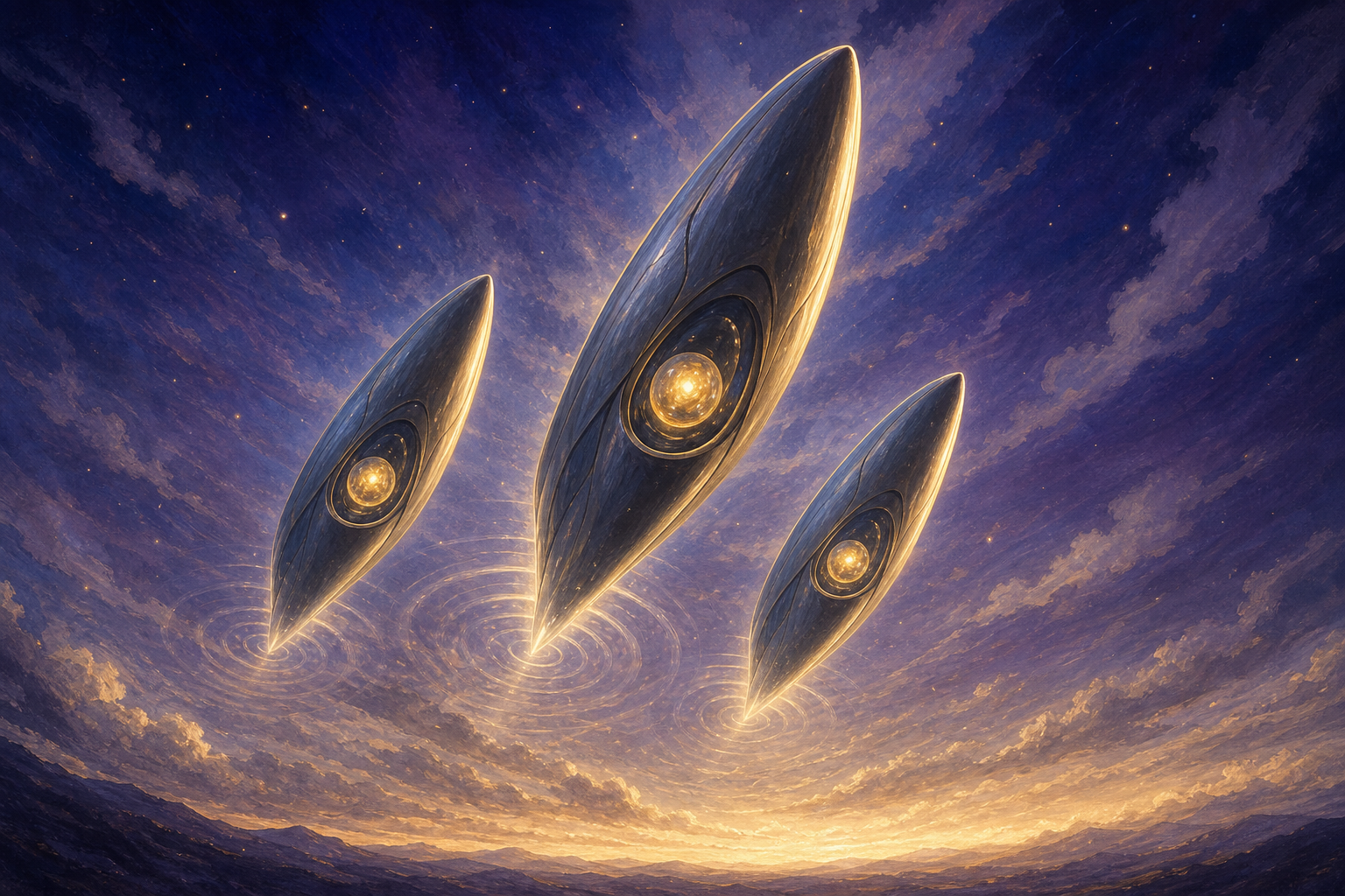 A wide dark violet horizon with three slender luminous vessels rising in formation, each carrying a small softly glowing gold cell at its heart, the surrounding void faintly rippled with light.