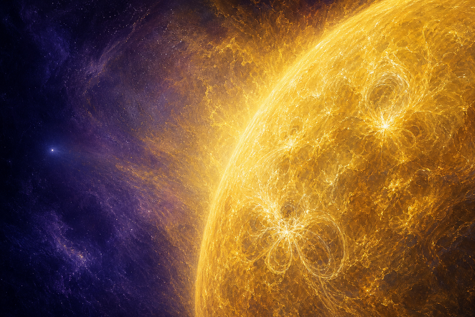 A vast luminous golden sphere filling most of a deep violet field, with a single almost invisible speck of light suspended beside it for comparison.