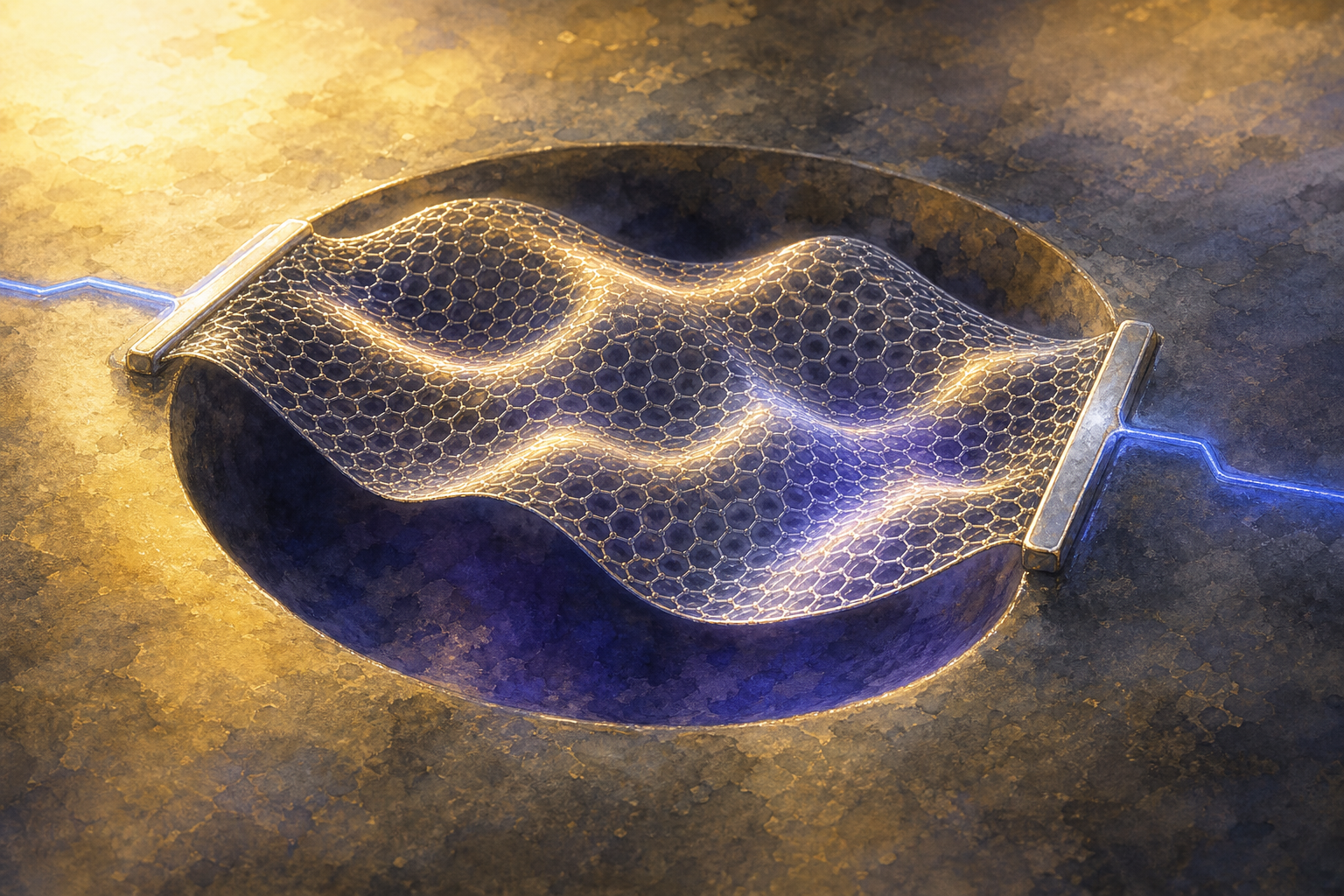 A single atom-thin hexagonal sheet suspended over a shallow well, rippling in slow standing waves, with fine silver contacts at two edges and a faint blue current glow tracing away from them.
