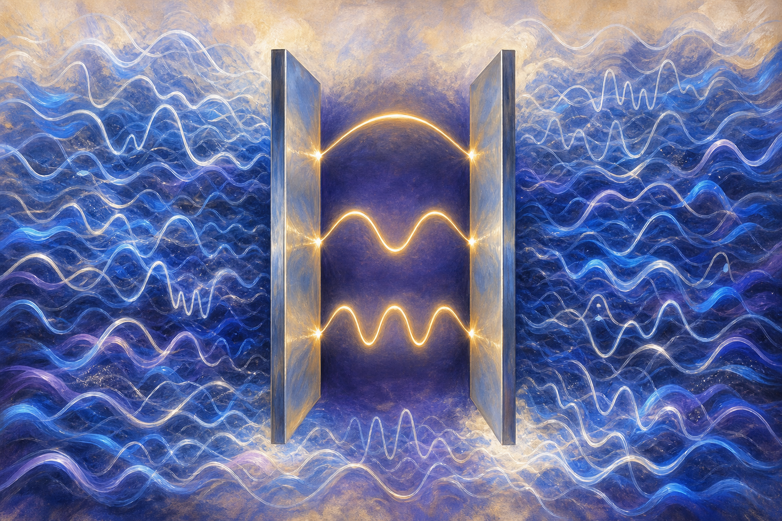 Two mirrored surfaces with three cleanly fitting standing waves glowing between them in gold, while outside a continuous shimmer of waves of every length crowds in from all directions.