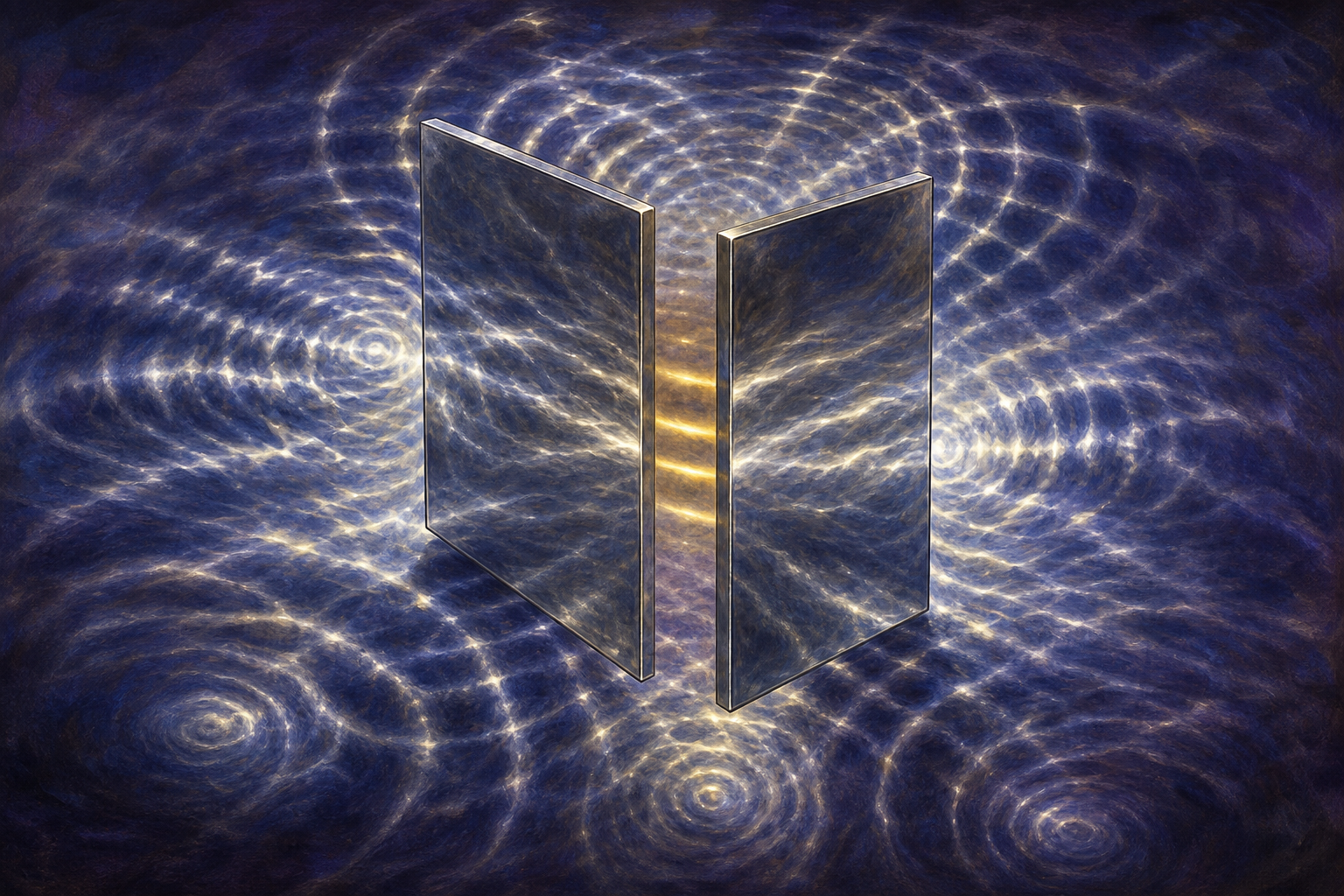 Two square mirrored plates hanging parallel and very close in a dark violet void, with dense shimmering ripples crowding the space outside them and only a few sparse ripples in the narrow gap.