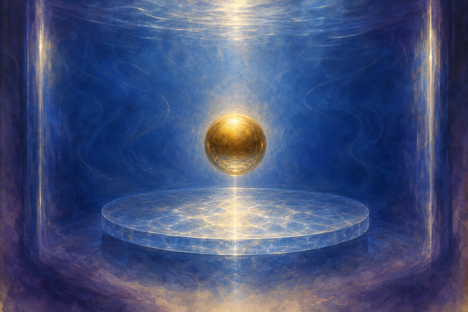 A small golden sphere hovering just above a pale glass plate, both immersed in a still bath of clear liquid tinted deep blue, with a thin bright line of separation glowing between them.