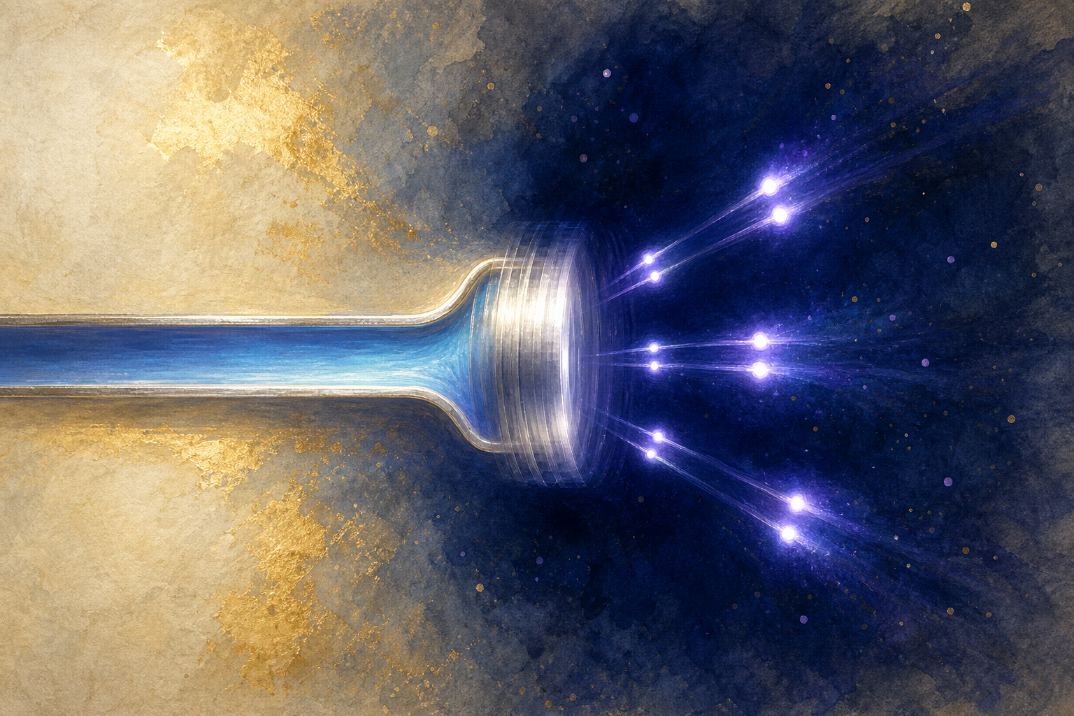 A silvery mirrored surface blurred by extremely rapid oscillation at the end of a slender superconducting channel, shedding paired points of violet light into the dark space in front of it.