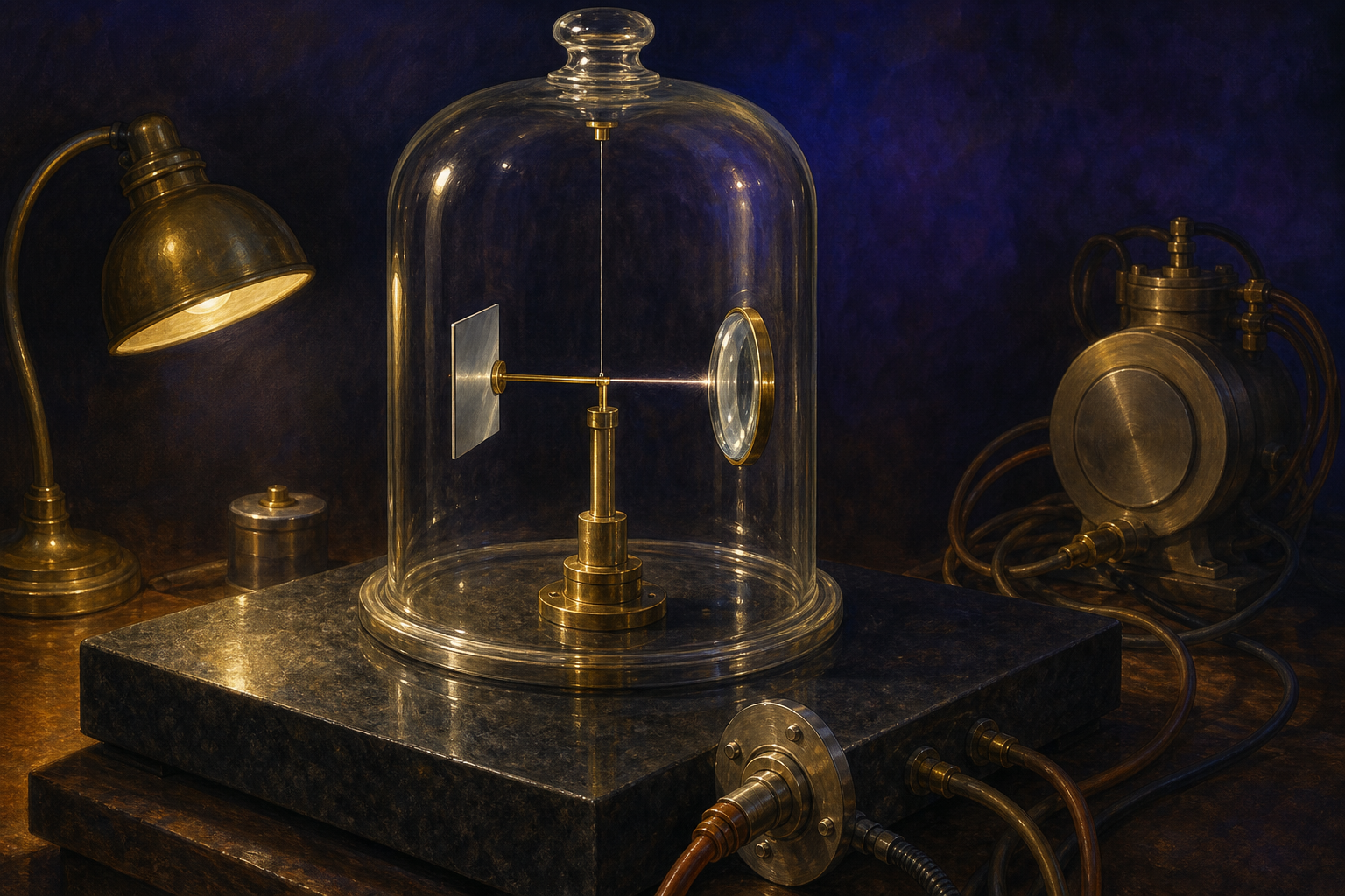 A brass torsion pendulum hanging from a fine fibre inside a vacuum bell jar on a heavy laboratory bench, a polished plate facing a curved lens at a hair-thin separation in warm lamplight.