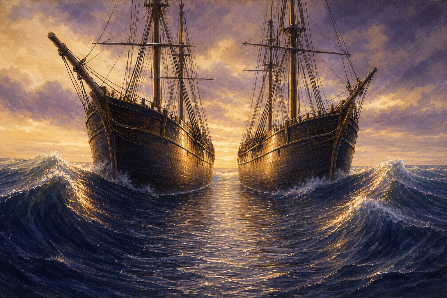 Two tall wooden sailing ships lying parallel in a heavy ocean swell at dusk, with long waves rolling past their outer hulls while the narrow strip of water between them lies almost flat.